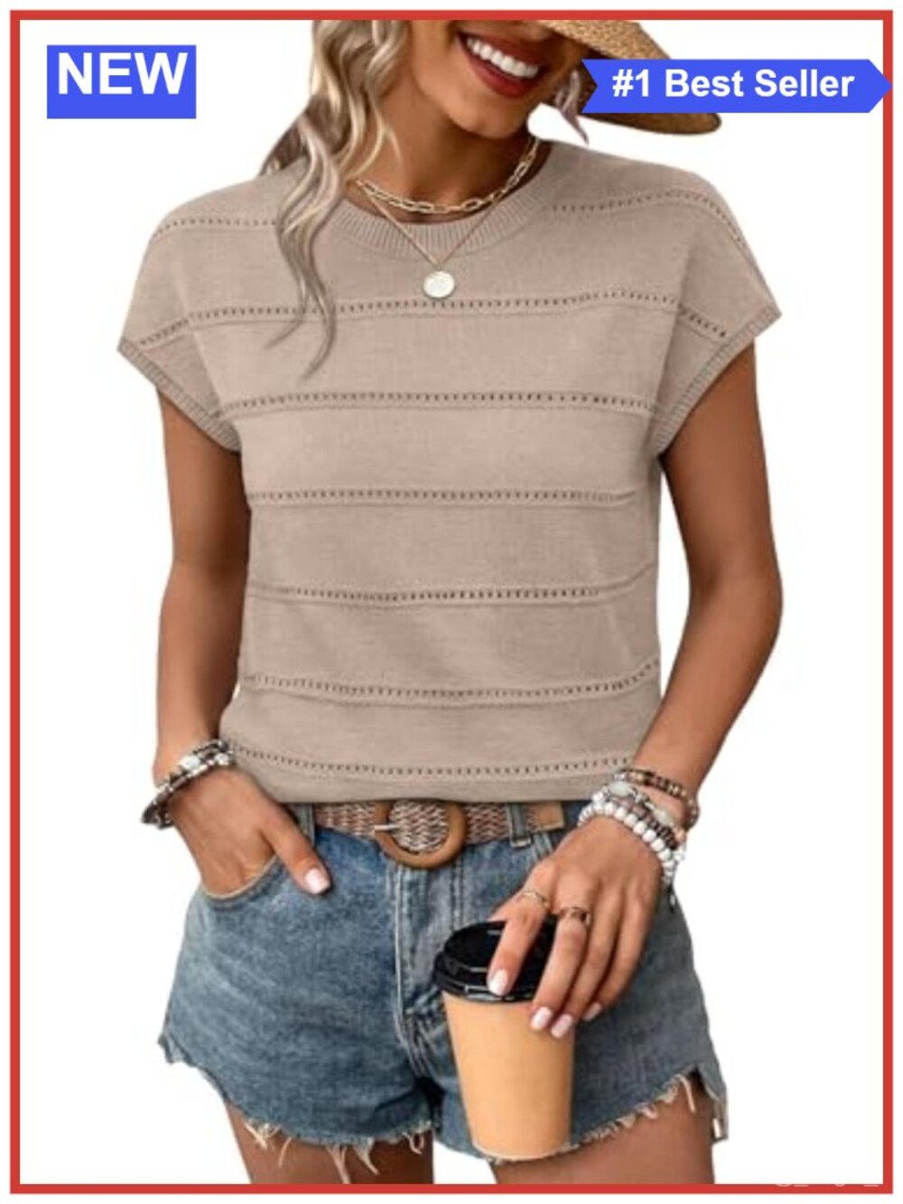 Women's Lightweight Knit Sweater Cap Sleeve Hollow Out Crew Neck Spring Summer